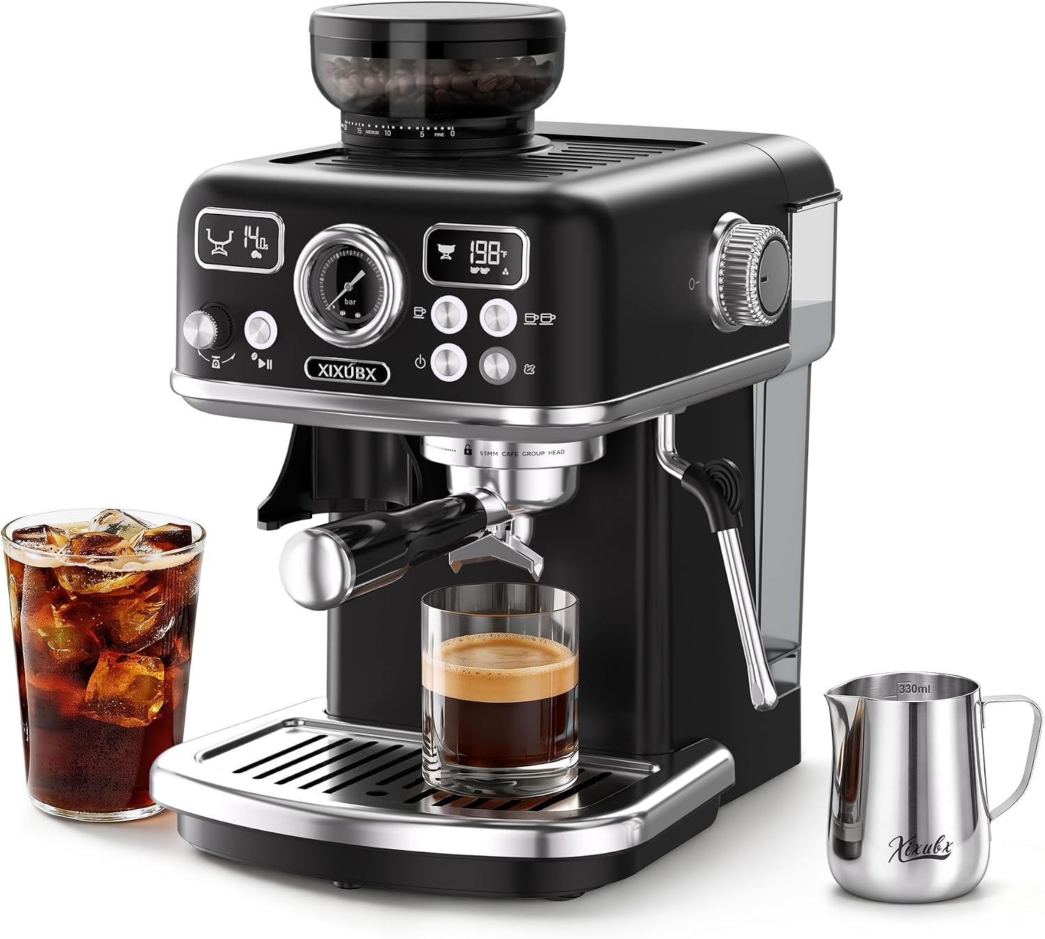 XIXUBX 2-in-1 Espresso Machine with Integrated Grinder, Professional 20 Bar Coffee Maker with Powerful Milk Frother, All-in-One for Coffee Lover, 1.8L Water Tank, Black