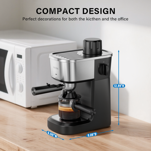 6 Bar Espresso Machine, 800W Compact Coffee Maker with Stainless Steel Cup Warmer, Steam Milk Frother, Automatic Pressure Relief