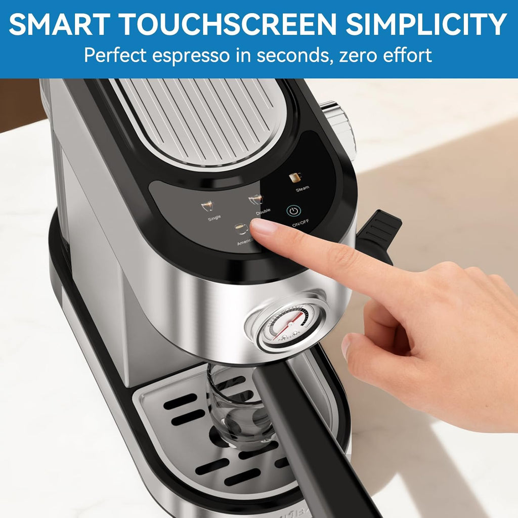 Espresso Machine 20 Bar, Touchscreen Coffee Maker with Milk Frother, Stainless Steel Espresso Maker Compact Latte Cappuccino Machines for Home Office, Silver