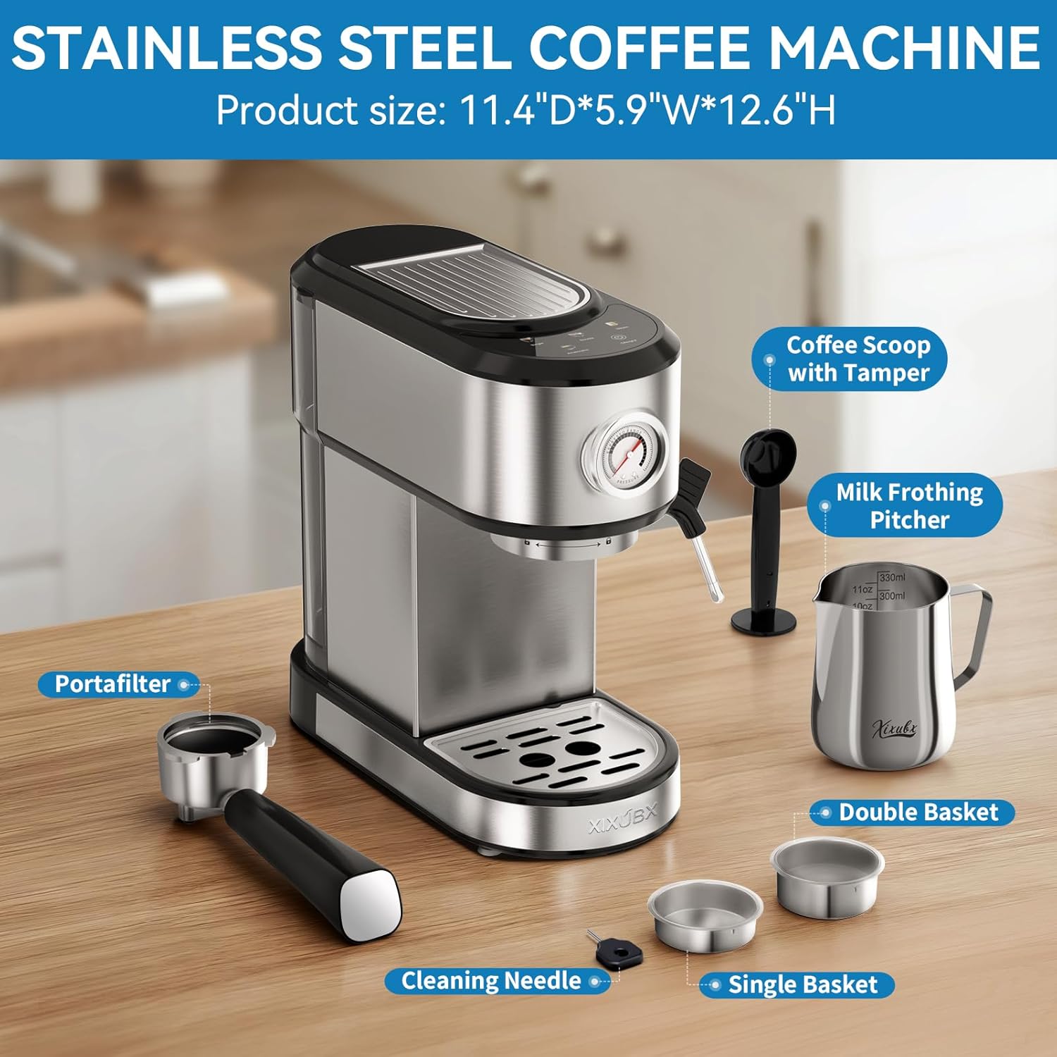 Espresso Machine 20 Bar, Touchscreen Coffee Maker with Milk Frother, Stainless Steel Espresso Maker Compact Latte Cappuccino Machines for Home Office, Silver