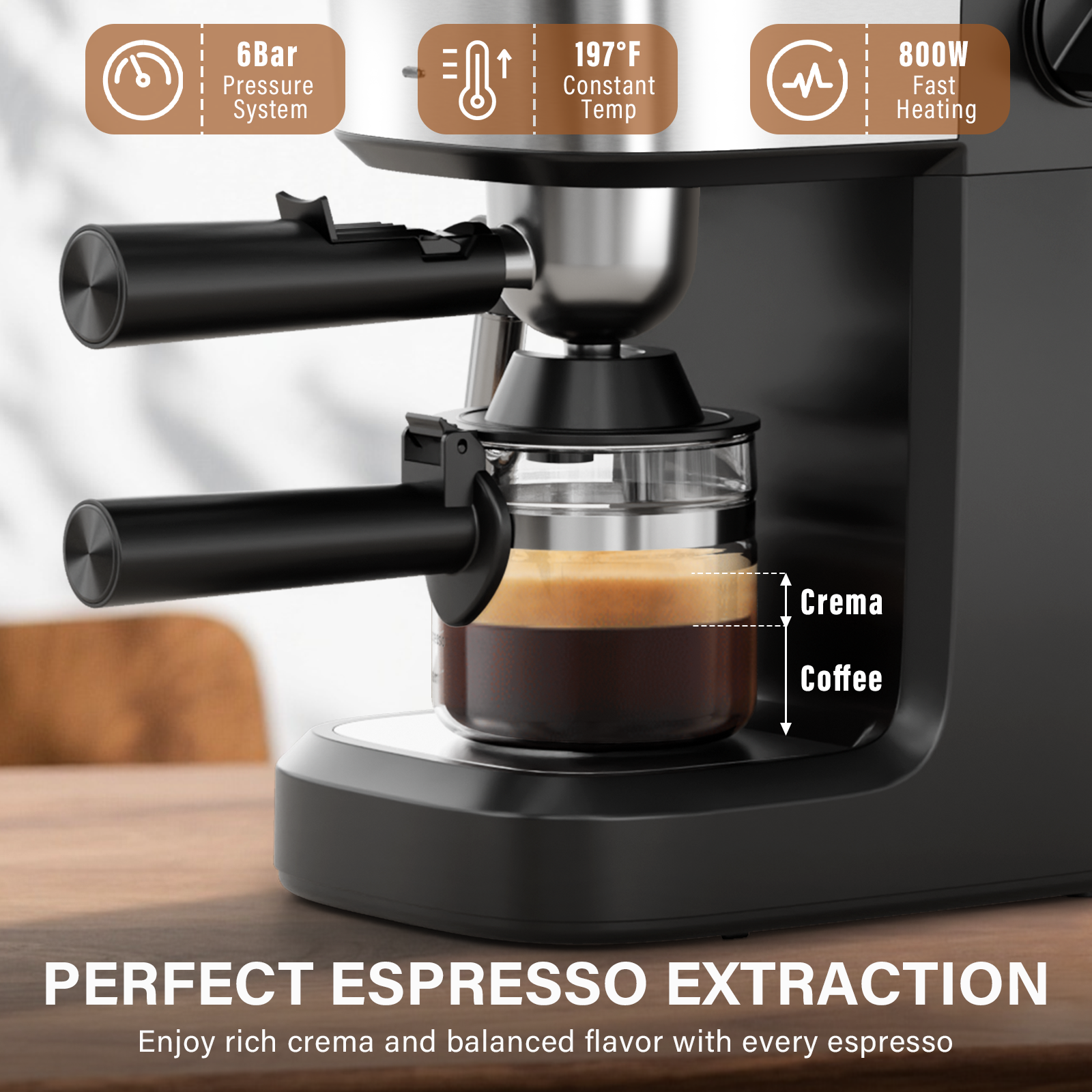 6 Bar Espresso Machine, 800W Compact Coffee Maker with Stainless Steel Cup Warmer, Steam Milk Frother, Automatic Pressure Relief