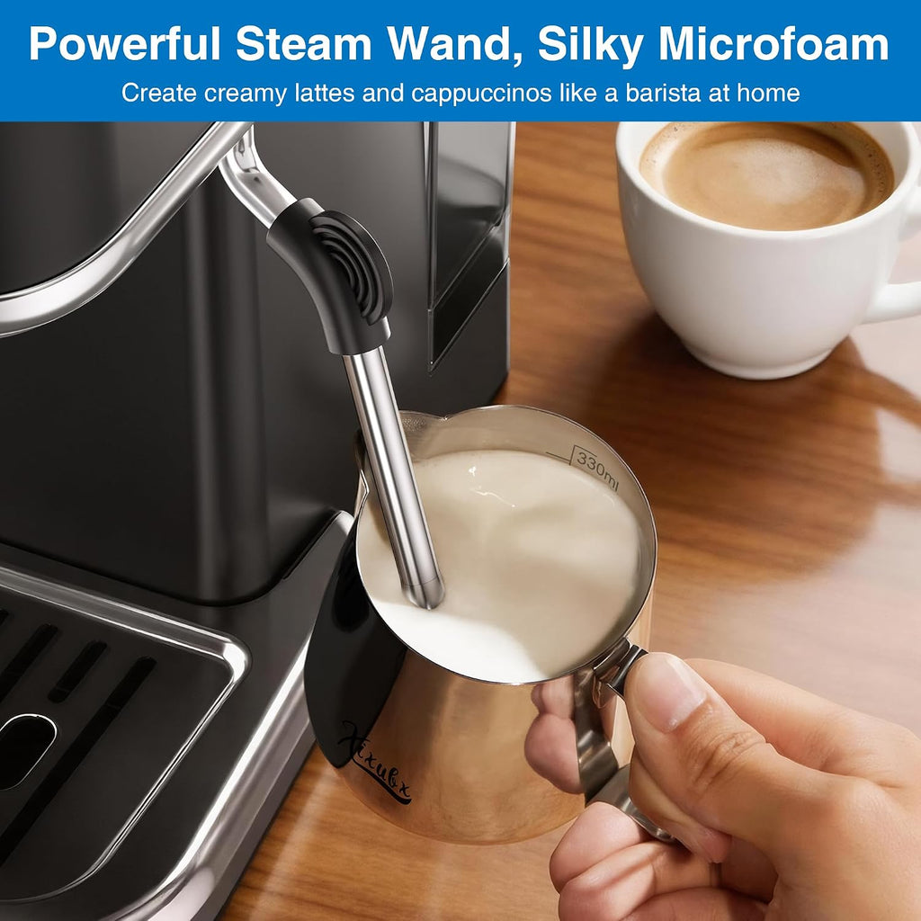 XIXUBX 2-in-1 Espresso Machine with Integrated Grinder, Professional 20 Bar Coffee Maker with Powerful Milk Frother, All-in-One for Coffee Lover, 1.8L Water Tank, Black