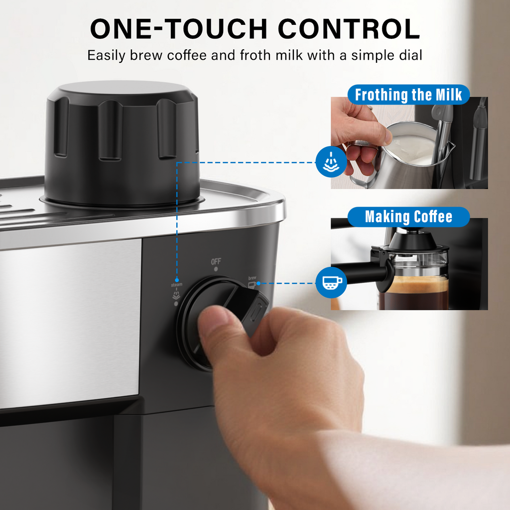 6 Bar Espresso Machine, 800W Compact Coffee Maker with Stainless Steel Cup Warmer, Steam Milk Frother, Automatic Pressure Relief