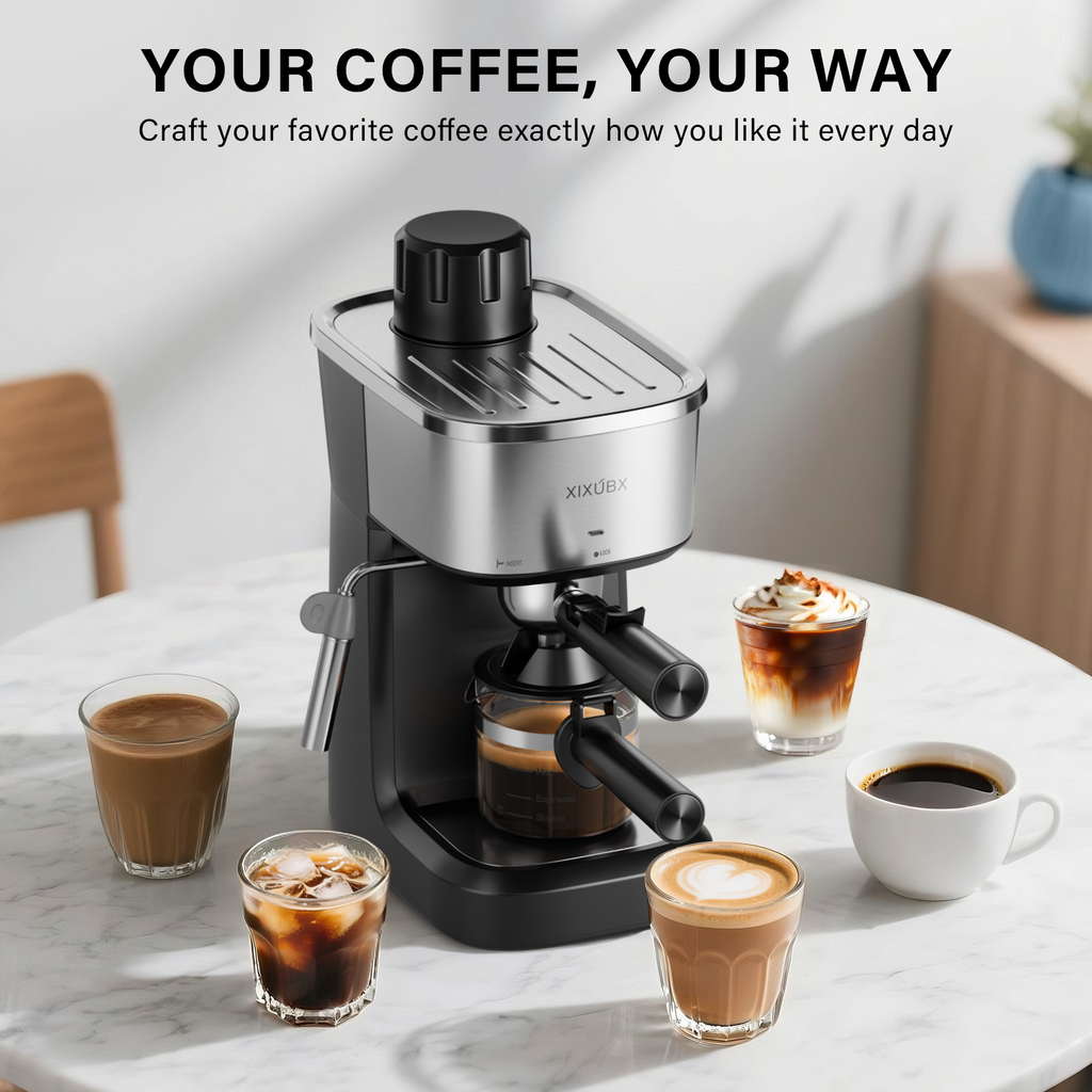 6 Bar Espresso Machine, 800W Compact Coffee Maker with Stainless Steel Cup Warmer, Steam Milk Frother, Automatic Pressure Relief