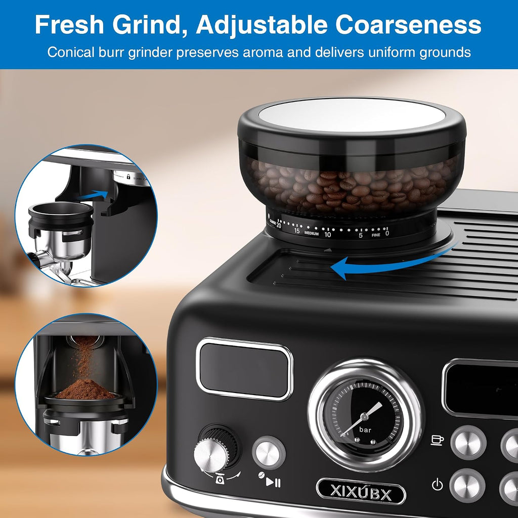 XIXUBX 2-in-1 Espresso Machine with Integrated Grinder, Professional 20 Bar Coffee Maker with Powerful Milk Frother, All-in-One for Coffee Lover, 1.8L Water Tank, Black