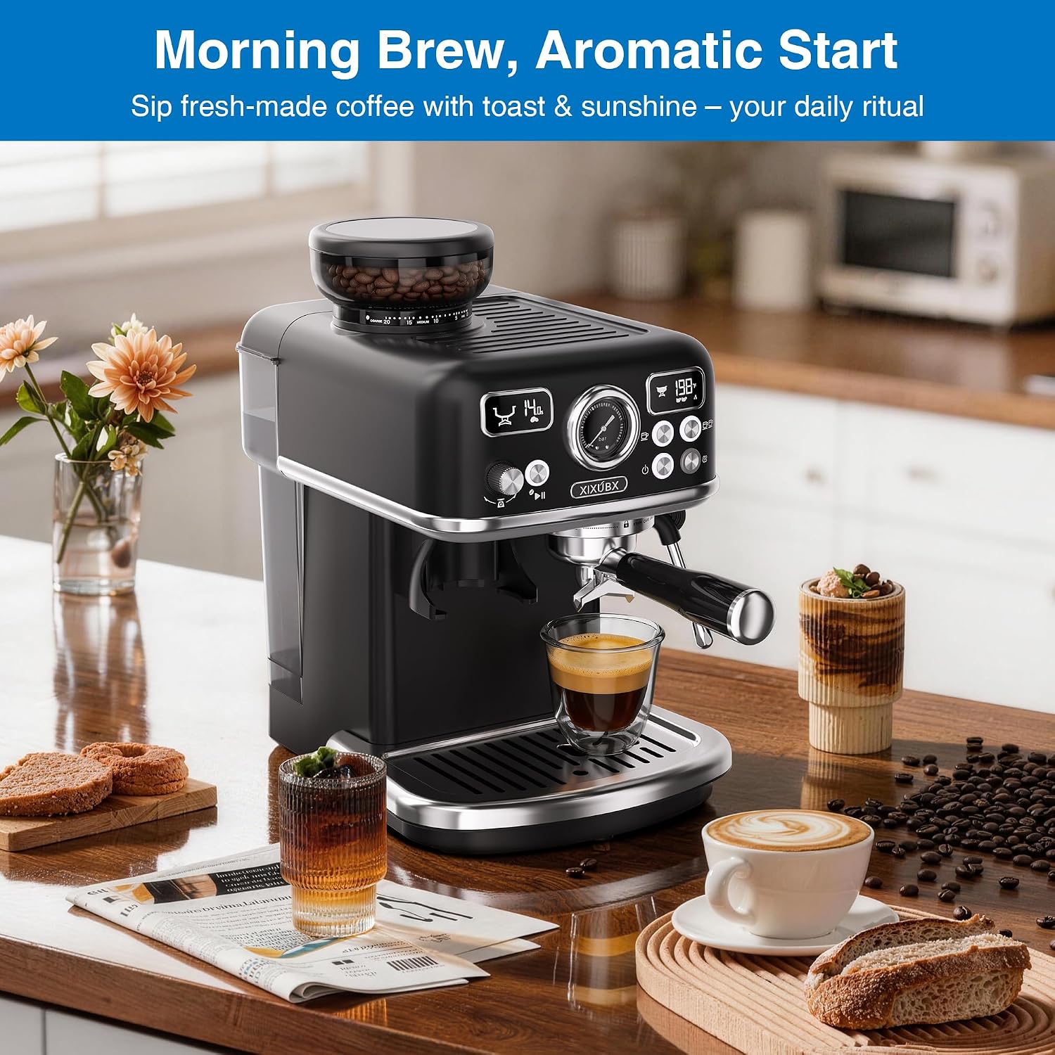 XIXUBX 2-in-1 Espresso Machine with Integrated Grinder, Professional 20 Bar Coffee Maker with Powerful Milk Frother, All-in-One for Coffee Lover, 1.8L Water Tank, Black