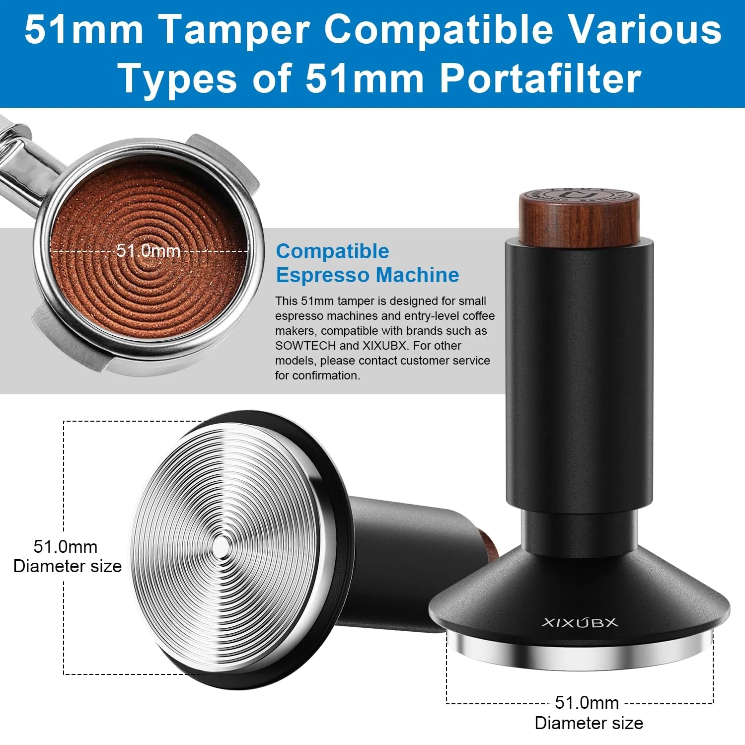 XIXUBX® 2-in-1 Espresso Tamper & Magnetic WDT Tool for 51mm Portafilter Basket